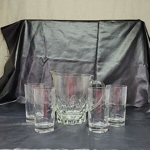 Vintage set of 4 etched drinking glasses and pitcher